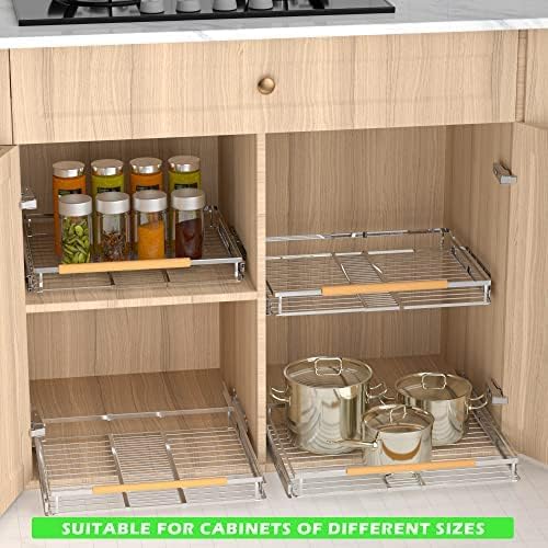 Expandable Pull Out Drawer Cabinet Organizers, Heavy Duty Slide Out Storage Shelf for Home Kitchen Pantry Cupboard Pots Pans, Adjustable Width from 23.2"~39.9", Stainless Steel 1 Pack