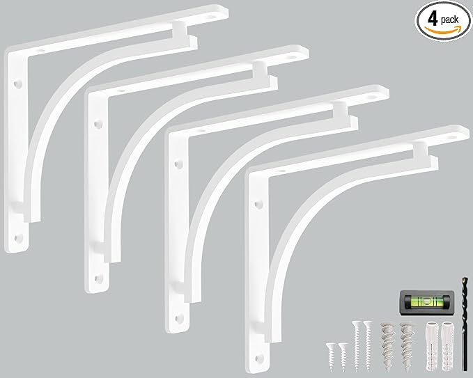 Classic White Heavy Duty Shelf Brackets 10 inch by Balin Designs – L Bracket, Wall Mounted Support, Shelving Metal Bracket, Decorative Shelf Brackets, with Hardware Included, Set of 4