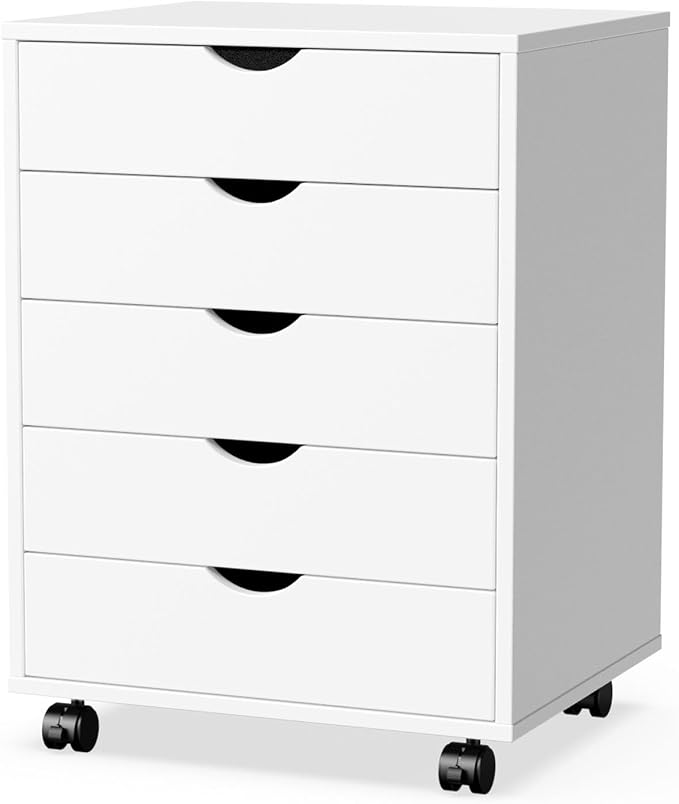 Elevon 5 Drawer Chest, Storage Cabinets Wooden Mobile Cabinet with Wheels Room Organizer, Small Drawers Wood Organization Furniture for Office, Home, White