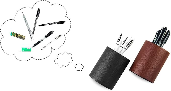 Dark Brown Pen Holder, Leather Pencil Holder, Simple Desktop pen cup, Elegant pen holder for desk, Stationery Organizer for Office School Home Dorm (Brown)
