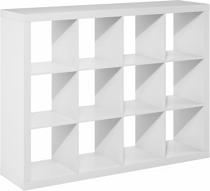 Furinno Cubicle Book Shelf, 12-Cube 2-Inch Super Thick Frame Bookshelf, Reversible Bookcase, Cube Storage Organizer with Open Back, 15.4 x 58 x 44, for Living Room, Bedroom, Home Office, White