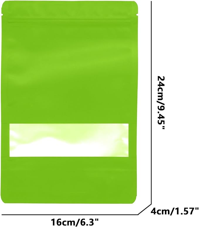 100PCS Foil Pouch Mylar Bags with Clear Window,ULIFESTAR Stand Up Sealable Bags with Tear Notches,Resealable for Food,Party Favors,Gift Packaging and Small Business(16 * 24cm/6.3 * 9.45",Green)