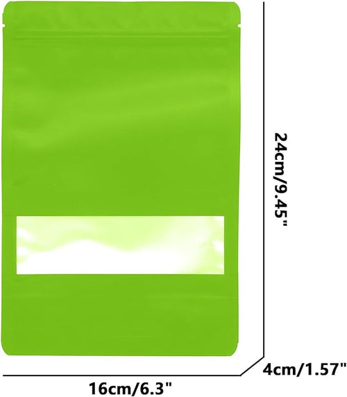 100PCS Foil Pouch Mylar Bags with Clear Window,ULIFESTAR Stand Up Sealable Bags with Tear Notches,Resealable for Food,Party Favors,Gift Packaging and Small Business(16 * 24cm/6.3 * 9.45",Green)