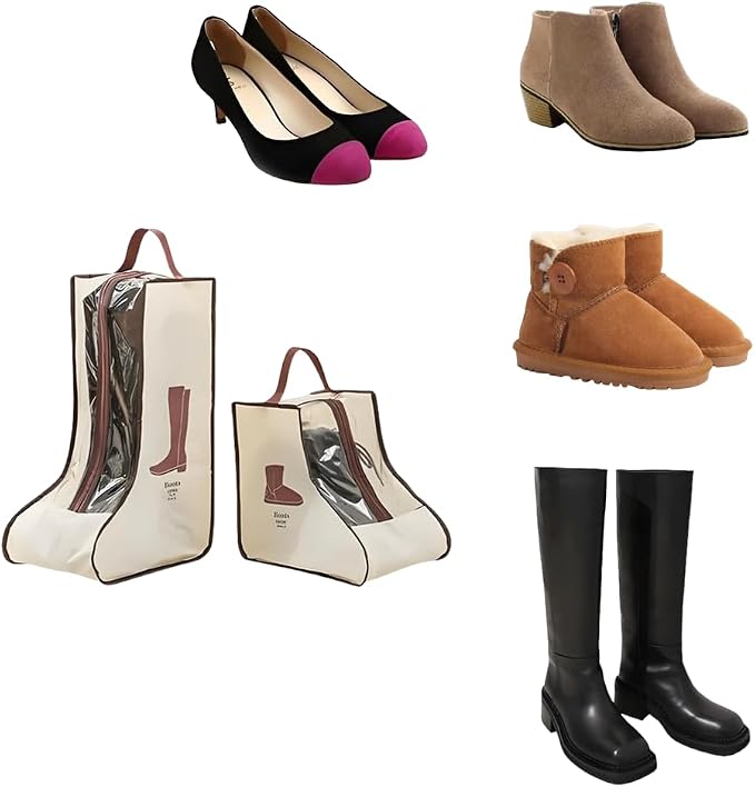 Rikyo 2 Set Beige Shoe Storage,Portable Short Boots & Tall Boots Storage | Protector Bag, Shoe Dust Bags & Sleeves for Travel,Clear Boots Cover, Shoes Packing Organizers for Adult Sneakers