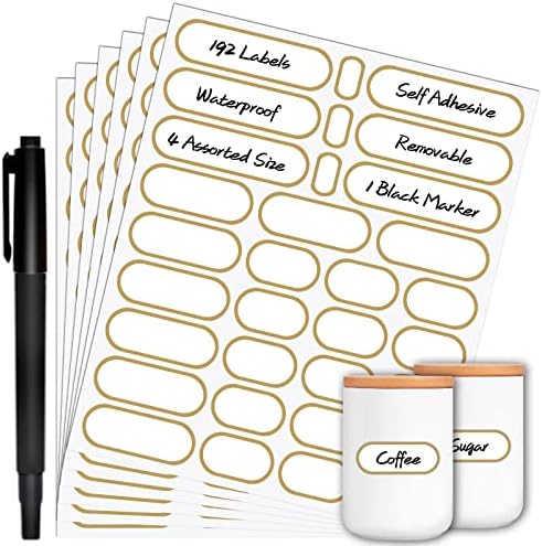 192pcs Labels for Jars with Marker,Waterproof Bottle Labels Removable Write-On Kitchen Pantry Label Stickers with Gold Border in 4 Sizes for Spice Jars,Food Containers,Storage Bins,Daycare