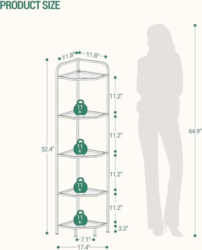 Hzuaneri Corner Shelf Stand, 5-Tier Glass Bookshelf Bookcase, Bathroom Organizer, Plant Stand, Steel Frame, Tempered Glass, Modern Style for Living Room, Bathroom, Kitchen, Golden CS90200G