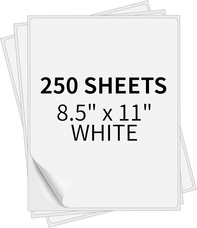 Full Sheet Labels 8.5” x 11” Sticker Paper Matte White, Large Shipping Label Paper for Inkjet Laser Printer, 250 Counts