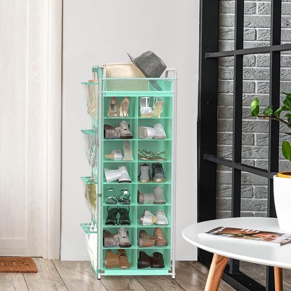 Simple Houseware 16 Cube Shoe Stand Tower Rack 8 Tier, Turquoise | Top Shelf and Side Hanging Pockets