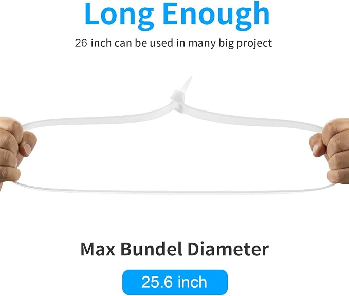 Armpow 26 inch White Zip Ties Heavy Duty 60 PCS, 200 LBS Ultra Exclusive Strong Plastic Wire Ties, Large Cable Ties Extra Long Tie Wraps, Indoor and Outdoor UV Resistant