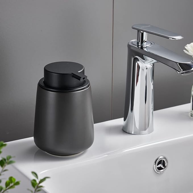 12Oz Foam Hand Soap Dispenser - Black Foaming Soap Dispenser Bathroom with Easy-to-Press Pump, Refillable Liquid Lotion Hand Soap Dispenser, Ceramic Kitchen Dish Soap Dispenser Hand Wash Dispenser