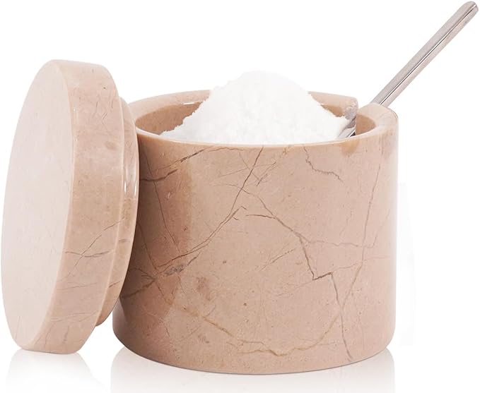 Marble Salt Cellar 3 Inch Beige Table Salt Containers for Countertop - Sugar Bowl With Lid, Salt Holder, Spice Jars, Salt Box for Seasoning Storage Container, Salt Dish for Kitchen Decor