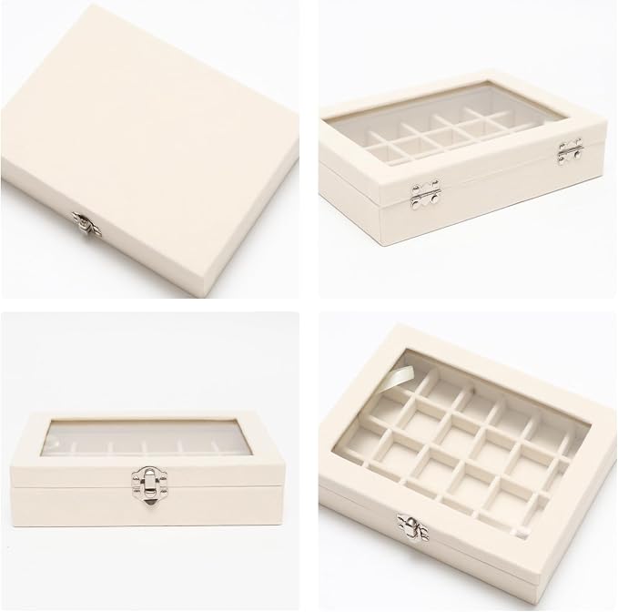 Small Velvet Jewelry Tray with Clear Lid, Lockable Ring Earring Holder Organizer Storage Box Case Jewelry Box Organizer for Rings Earrings Bracelets Brooches, 24 Grids Beige