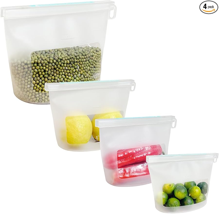 Reusable Silicone Food Storage Bags (Set of 4), Dishwasher Oven Microwave Freezer Safe, Eco-Friendly 100% Platinum, Leakproof Sous Vide Bags, 1 Snack, 2 Sandwich and 1 Half-Gallon, Clear