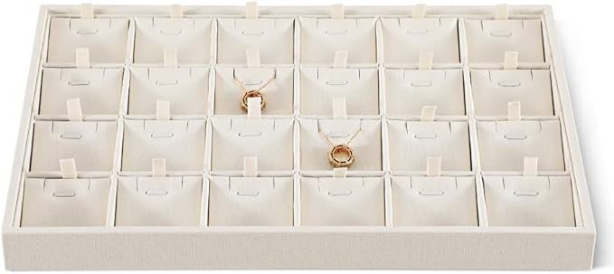 Linen Stackable Necklace Storage Tray, 24 Grid Pendant Display Tray, Jewellery Shop Counter Showcase Table Top Organizers, Makeup Table Drawer Insert Jewelry Tray
