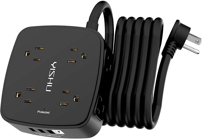 10 Ft Surge Protector Power Strip - 8 Widely Outlets with 4 USB Ports, 3 Side Outlet Extender with 10 Feet Extension Cord, Flat Plug, Wall Mount, Desk USB Charging Station, ETL, Black