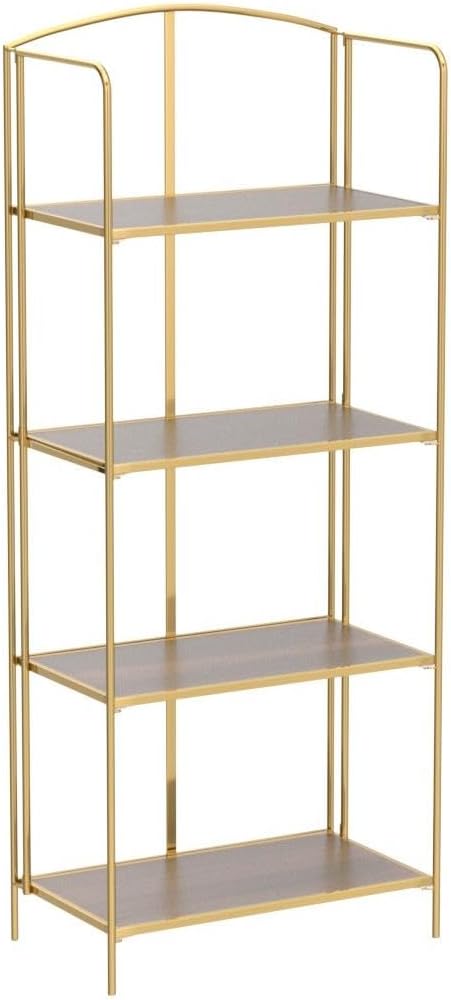 Crofy 4-Tier Foldable Bookshelf, Gold Frame & Walnut Shelves | No-Assembly Collapsible Portable Storage Organizer; Sturdy Walnut Finish Shelves; Ideal for Living Room & Home Office