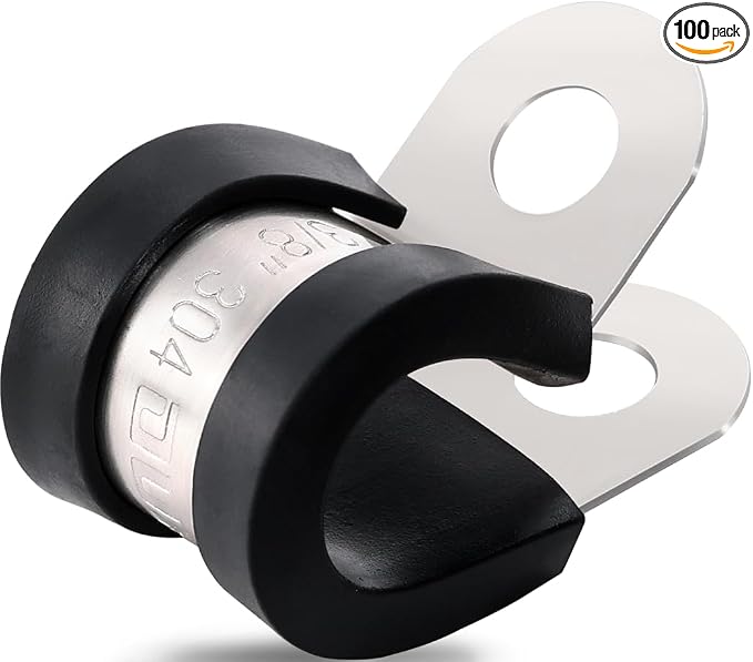 OURU 100PCS Cable Clamps 3/8 Inch 304 Stainless Steel Cable Clamps Rubber Coated Cushioned Insulated Cable Clamp,Automotive Wire Clamps,Pipe Clamps,Metal Clamp for Tube,Wire Cord Installation(10mm)