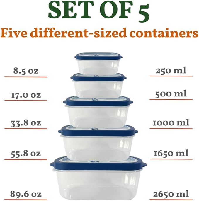10-Piece Rectangle Food Storage Containers with Vented Lids, Airtight and BPA Free, Stackable, Microwave, Freezer, and Dishwasher Safe (BLUE)