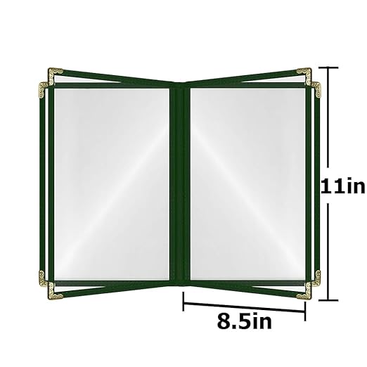 Goodsmart Restaurant Menu Covers – 25 Pack Green 4-Page/8-View 8.5" x 11", Side-Loading Vinyl Menu Holders with Clear Sleeves, Double-Stitched, Leather-Style Café Covers with Gold Corners