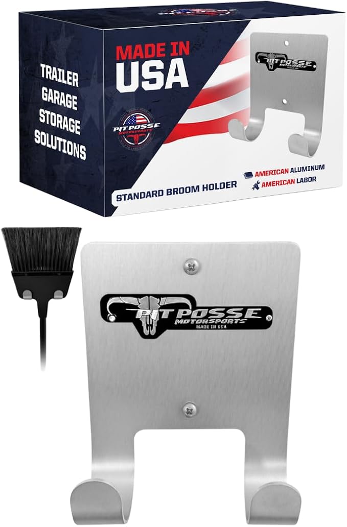 Pit Posse PP3187 Aluminum Broom Holder Hanger for Enclosed Trailer Garage Shop Storage - Made in USA - Wall Mount Utility Rack Caddy Cabinet Organizer Van Auto Workshop RV Whisk/Angle Sweeper (Silver)