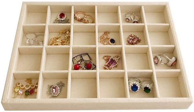 Premium Grade Beige Velvet Jewelry Organization Tray 24 Grids Removable and Rearrangeable Dividers Drawer Insert Closet Organizer Stackable