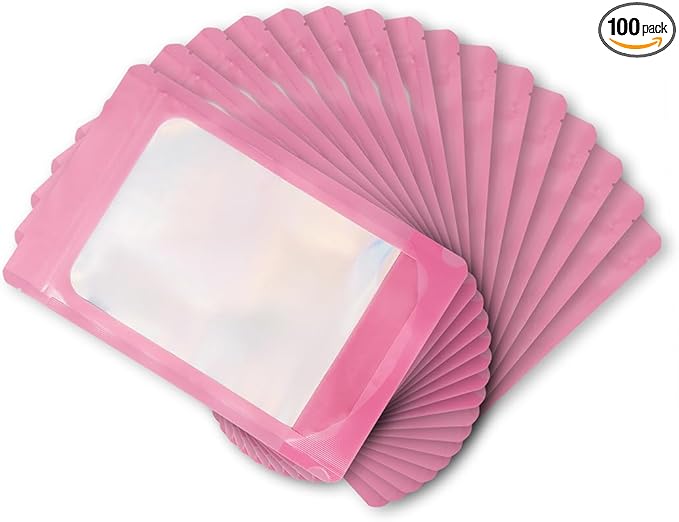 LZLPACKING 100 Pieces Smell Proof Mylar Bags Resealable Packaging Pouch Bags with Clear Window for Food Storage,stand up mylar bags,Lipgloss,Eyelash Jewelry Electronics Storage(Pink/6×9 Inch)