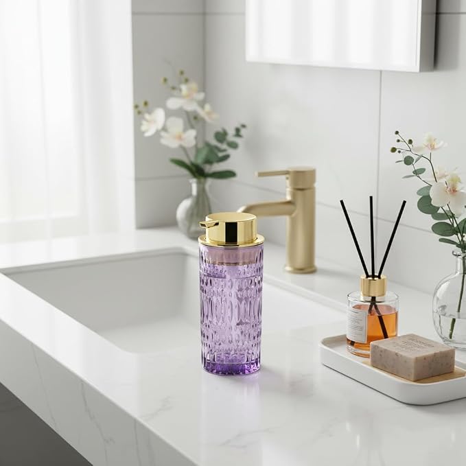 Foaming Soap Dispenser, Purple Glass Soap Dispenser, 14 Oz Refillable Foam Soap Dispenser Pump Bottle Container for Bathroom Kitchen Countertop Decor
