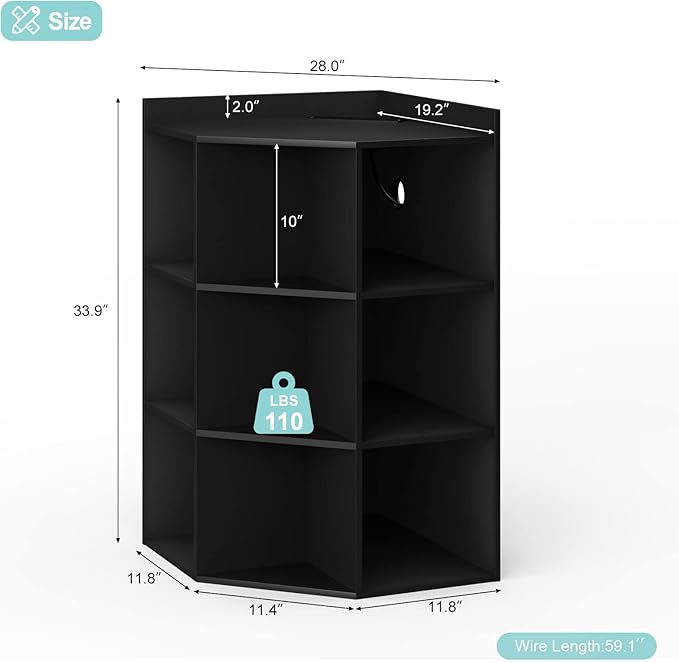 HedoAjim Corner Cabinet, Corner Storage Shelf with USB Ports and Outlets Industrial Organizer for Small Space Wooden 9-Cubby Bookshelf for Study, Playroom, Living Room (Black)