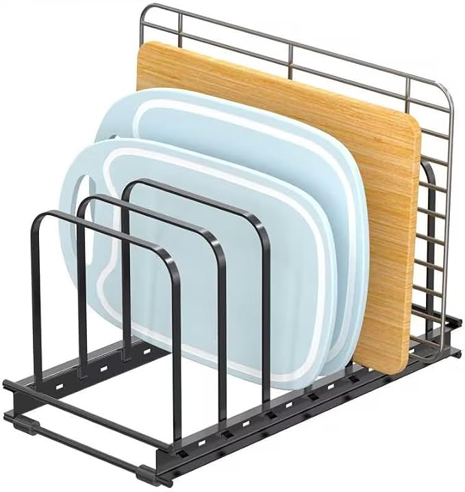 TEAMOLA Metal Cutting Board Organizer - Adjustable Bakeware Rack 1-Pack | Black Metal Kitchen Rack Organizer, Adjustable Holder Fits Pans Lids Sheets, Cabinet Counter Under Sink Caddy with 7 Slots