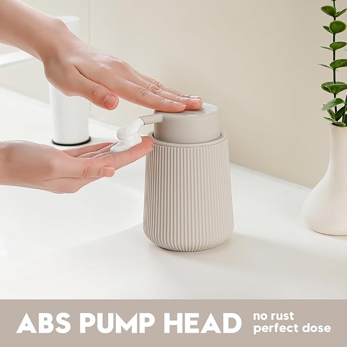YAUKPH Striped Foaming Hand Soap Dispenser with Leak-Proof Pump for Bathroom and Kitchen Countertop 11oz Beige