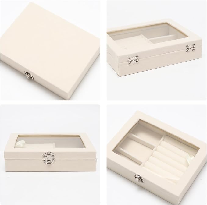 Small Velvet Jewelry Tray with Clear Lid, Lockable Ring Earring Holder Organizer Storage Box Case Jewelry Box Organizer for Rings Earrings Bracelets Brooches, 2-in-1 Beige