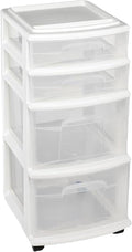 HOMZ Drawer Tower, 4-Tier Clear Plastic Storage Organizer Cart, White Frame - Rolling Drawers with Wheels for Desk, Dresser, Cabinet, Bedroom, Bathroom, Classroom, and Office Organization