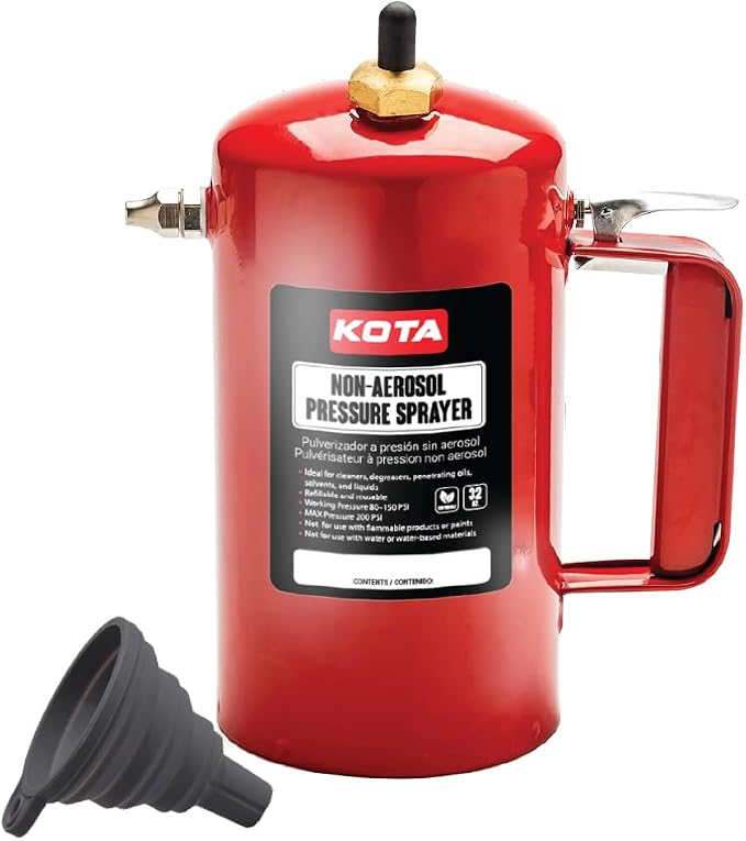 LAUCO Non Aerosol Pressure Sprayer with Funnel and Extension, Refillable Pressurized Sprayer Bottle for Oil, Solvent, Degreasers, Lubricants - Rechargeable Steel Canister and Brass Nozzles, 32oz 69532
