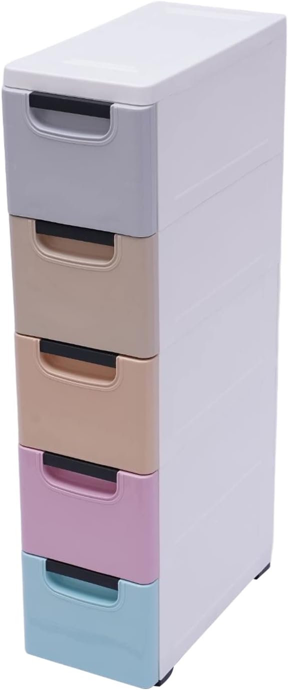 Plastic Stackable Storage Cart 5 Drawer Containers Storage Organizer Unit Mobile Stacking Bins [Multi Color A 7.9"x15.7"x33.1"]