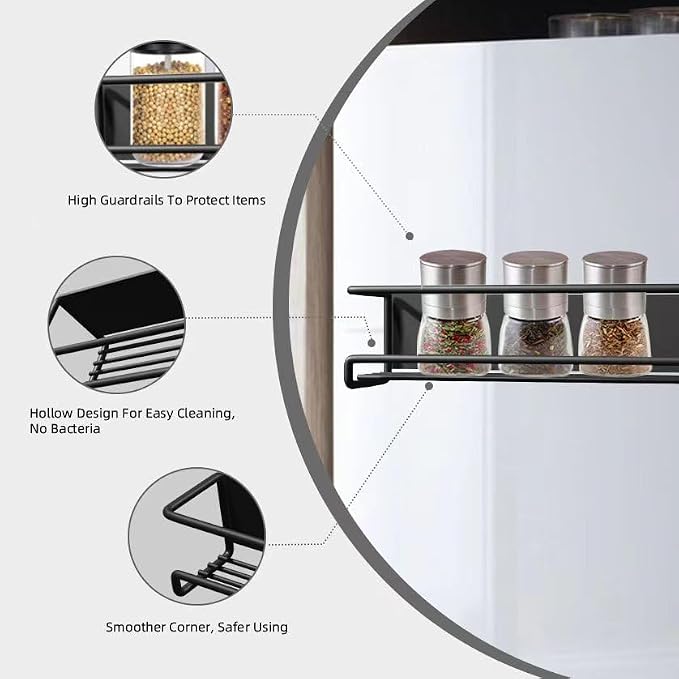 Magnetic Spice Rack for Refrigerator Magnetic Shelf for Side of Refrigerator Microwave Moveable and Powerful Magnetic, with 2 Spice Jars, Space Saving, Magnetic Laundry Organizer (Black)