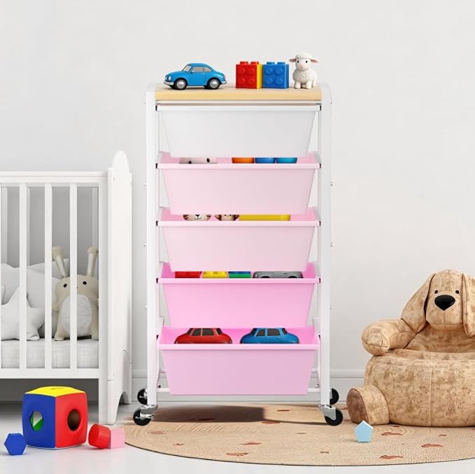 Rolling Cart with 5 Drawers, Plastic Drawer Storage Carts with Wheels & Wooden Tabletop, Metal Utility Cart for Office Bedroom Living Room Classroom, Craft Organization and Storage, Pink