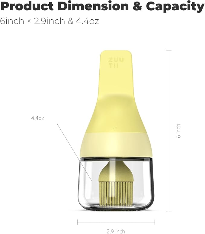 Zuutii Oil Dispenser with Silicone Brush for Cooking,Glass Oil Bottle with Heat Resistant Basting Brushes for Baking, Food Brush for Grilling, Butter, BBQ Sauce，Dishwasher Safe,4.4oz,Yellow