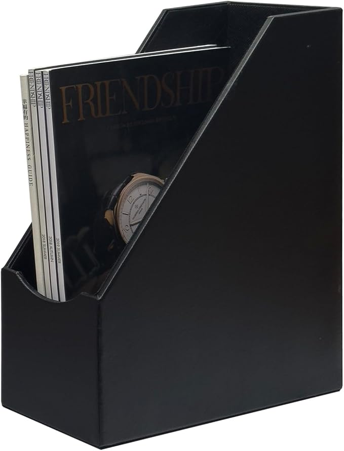 UnionBasic Magazine File Holder, Leatherette Desktop Document Organizer, Home Office Paper Holder File Storage Literature Sorter, Black, Set of 4