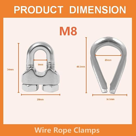 12 Pcs M8 Cable Clamps,Wire Rope Clamp,4 Pcs 5/16" Thimble | Stainless Steel Smooth Rods for Industry, Metal Working Hobbies and DIY Craft