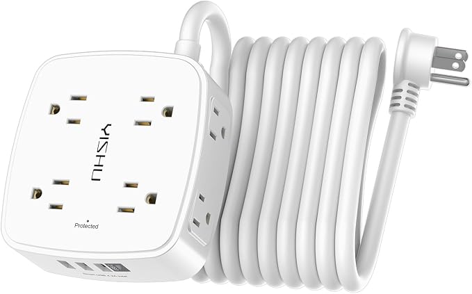 15 Ft Surge Protector Power Strip - 8 Widely Outlets with 4 USB Ports, 3 Side Outlet Extender with 15 Feet Extension Cord, Flat Plug, Wall Mount, Desk USB Charging Station, ETL, White