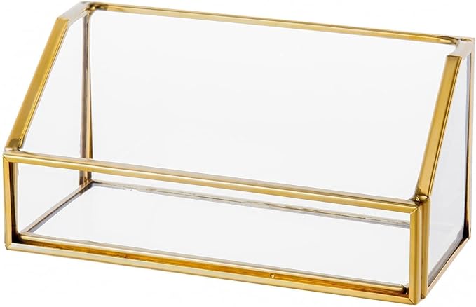Feyarl Gold Glass Business Card Holder Desktop Name Card Display Office Standard Business Cards Stand Organizer Storage for Office Desk Reception Counter Front Desk