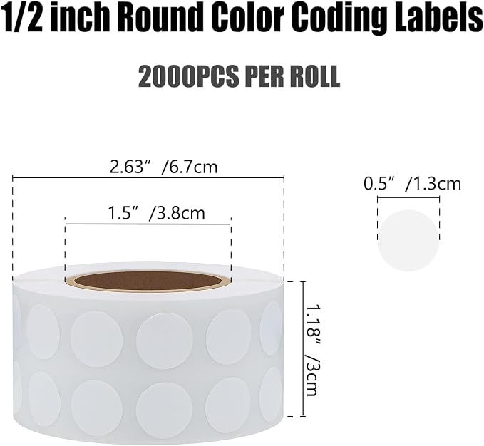 Hybsk 2000pcs White Circle Color Coding Dot Stickers Small Round Semi Gloss Paper Stickers Adhesive Label (0.5 inch)