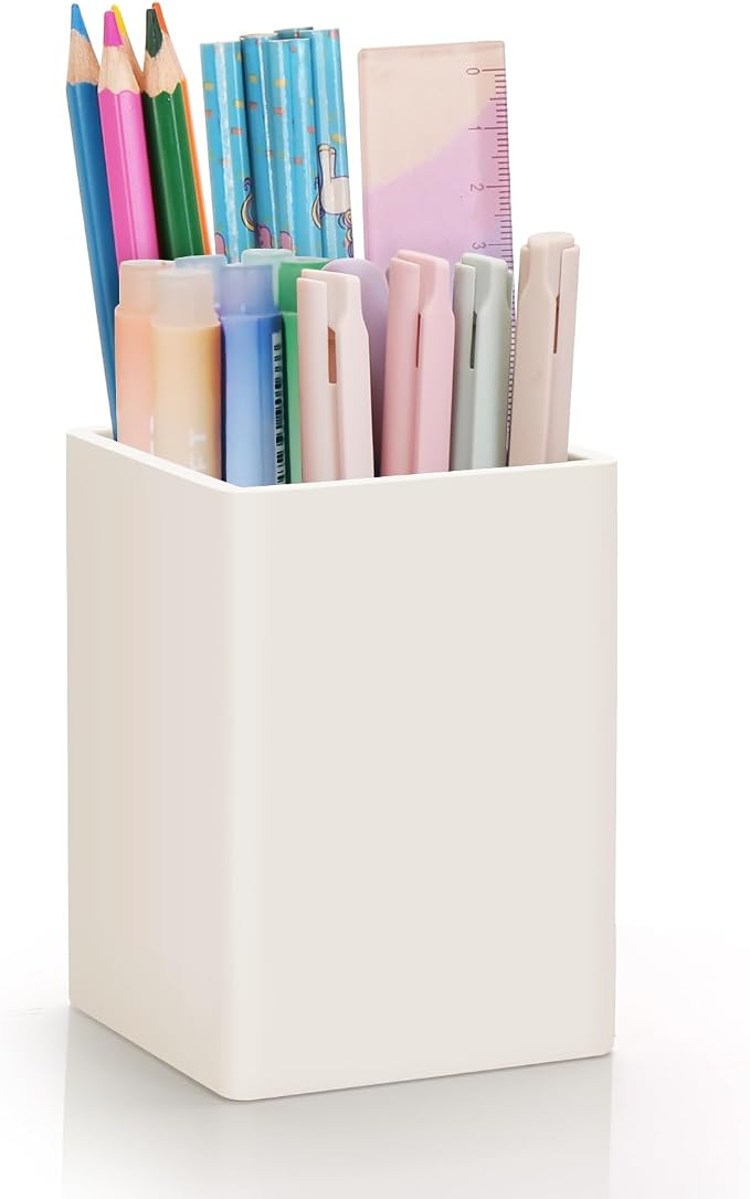 Pen Holder for Desk,Nordic Elegance Square Silicone Pencil Holder Soft Minimalist Desk Pen Cup Stand Waterproof Multifunctional Office Supplies for Home,Kids and School(Beige)