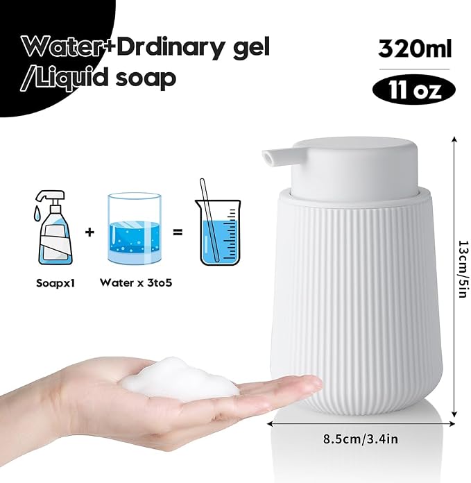 YAUKPH Striped Foaming Hand Soap Dispenser with Leak-Proof Pump for Bathroom and Kitchen Countertop 11oz White