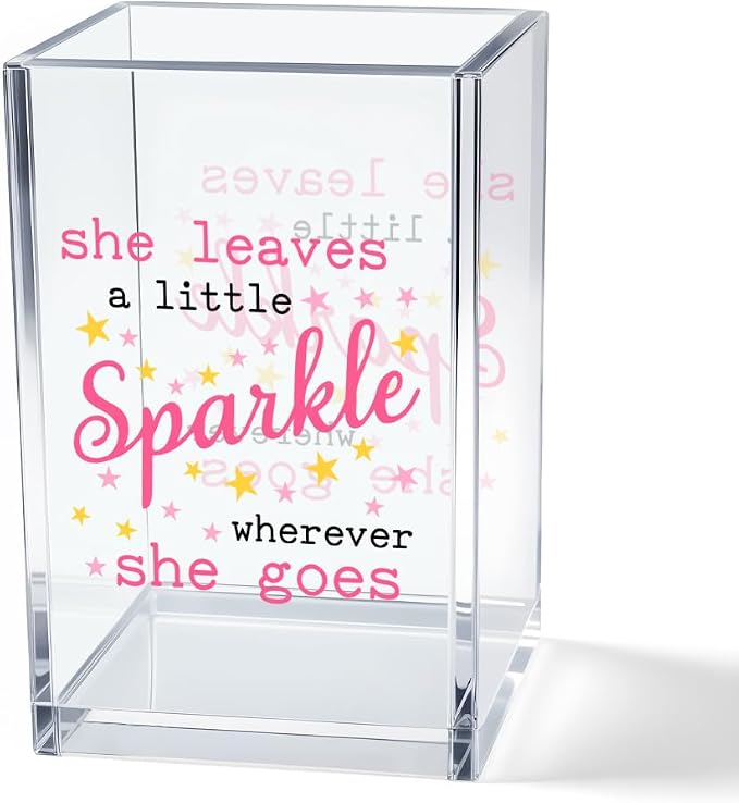 She Leaves A Little Sparkle Wherever She Goes Acrylic Makeup Brush Organizer Holder, Girl Power Vanity Desk Organizer Accessories for Office Decor, Inspirational Gifts for Women Daughter Sister