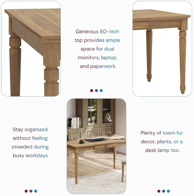 Polibi 60" Farmhouse Writing Desk with Drawer Keyboard Tray (Seadrift) | Turned Legs, Quick Assembly, Pre-Assembled Top, For Home Offices, Writing, Computer Workstations.