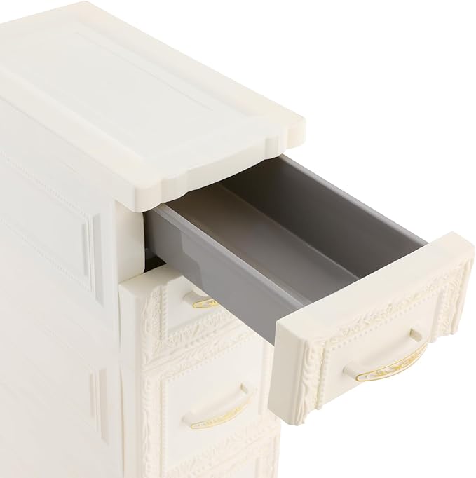 5-Tier Plastic Drawers Storage Dresser, 33"H Narrow Slim Storage Organizer Vertical Drawer Unit, Rolling Thin Storage Tower with Wheels for Small Spaces Gaps Home Furniture (White)