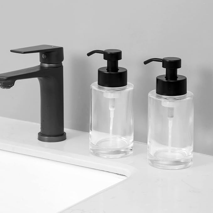 Glass Foaming Soap Dispenser Set with 304 Stainless Steel Pump 12oz Clear | Rust Proof Black Pump, Sturdy, Empty Foam Bottle with Waterproof Labels for Bathroom Decor Kitchen Colleage Dorm