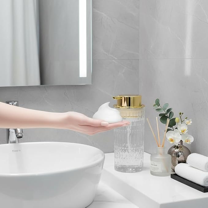 Foaming Soap Dispenser, Glass Foam Hand Soap Dispenser for Bathroom and Kitchen Decor, 14 Oz Refillable Foaming Pump Bottle Container with Gold Pump, Clear