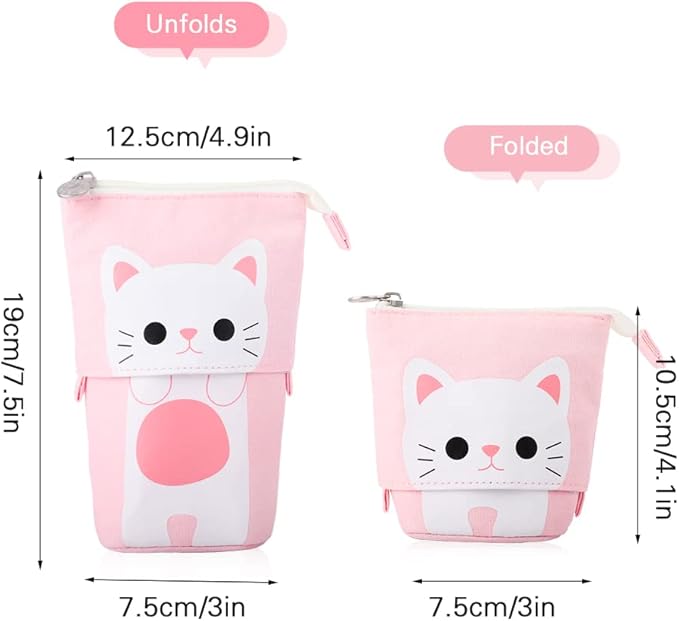 iSuperb Standing Pencil Pouch Pencil Case Cute Cat Telescopic with Zipper Canvas Kwaii Cartoon Pencil Bag Stationery Box for Kids Girls Boys School Supplies 7.5 x 4.9 x 3.0inch/4.1x 3.0inch